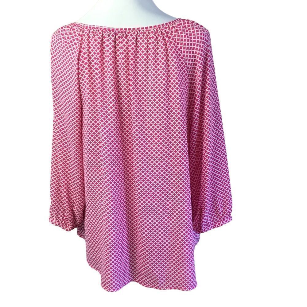 a.n.a. Blouse Tunic Pink White Print Tie Front 3/4 Length Sleeves Medium - Picture 2 of 11